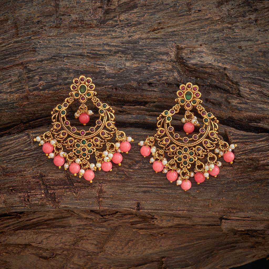 Kushal'S Fashion Jewellery Ruby-Green Gold-Plated Ethnic Antique Earring Chand Balis-182761 : 436319