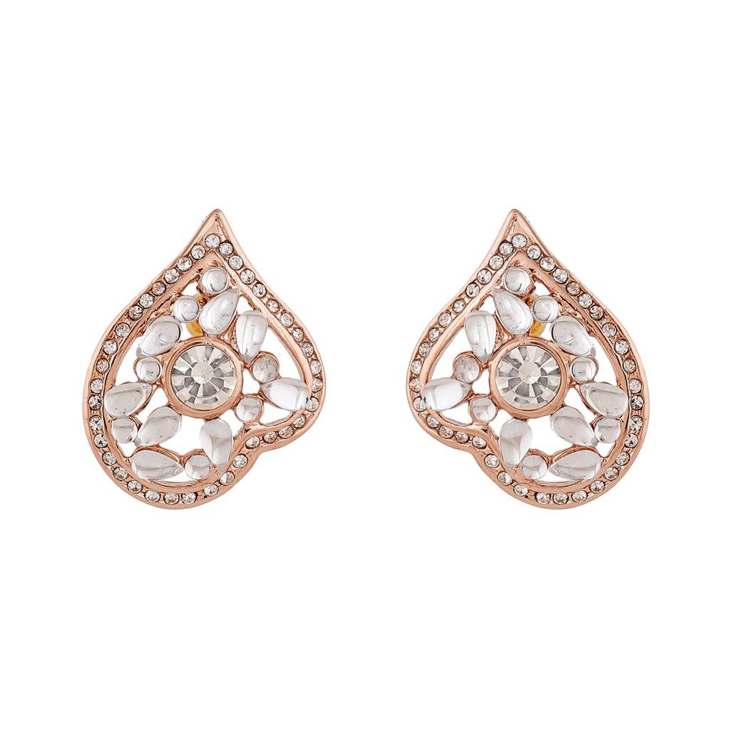 Estele Rosegold Plated Leaf Shaped Stud Earrings With Kundan For Women : 747705-RGER