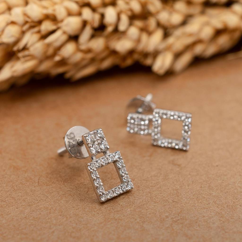 925 Silver Square Dangle Stud Earrings | Modern Drop Jewelry : SE_000828