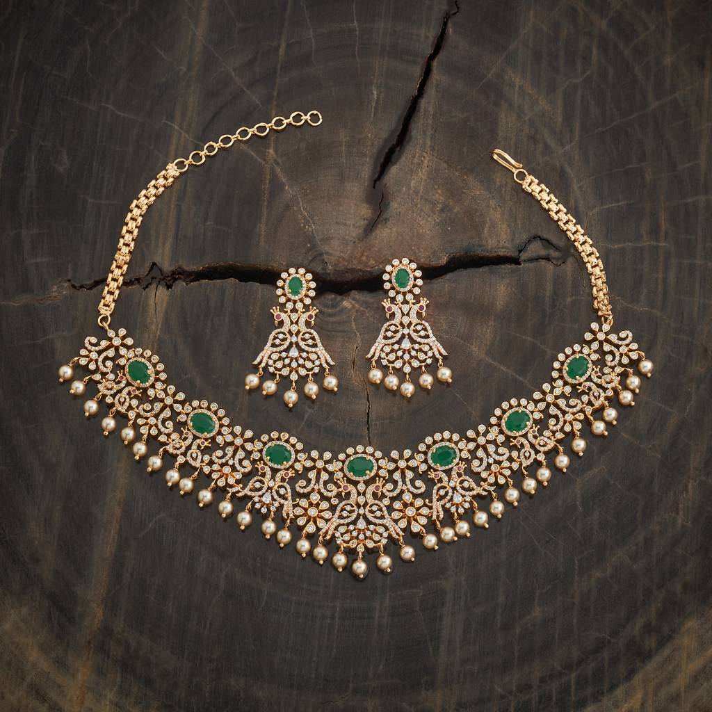 Kushal'S Fashion Jewellery Green Gold-Plated Party Zircon Antique Necklace Set-182069 : 434933