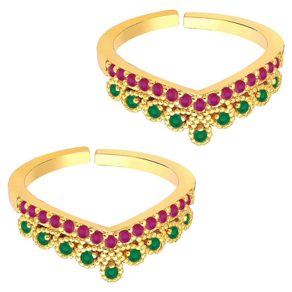 Rani Pink Green Cubic Zirconia Studded Fancy Toe Ring Adjustable Gold Plated Bichiya Fashion Jewellery For Women : PF30TR15RPG