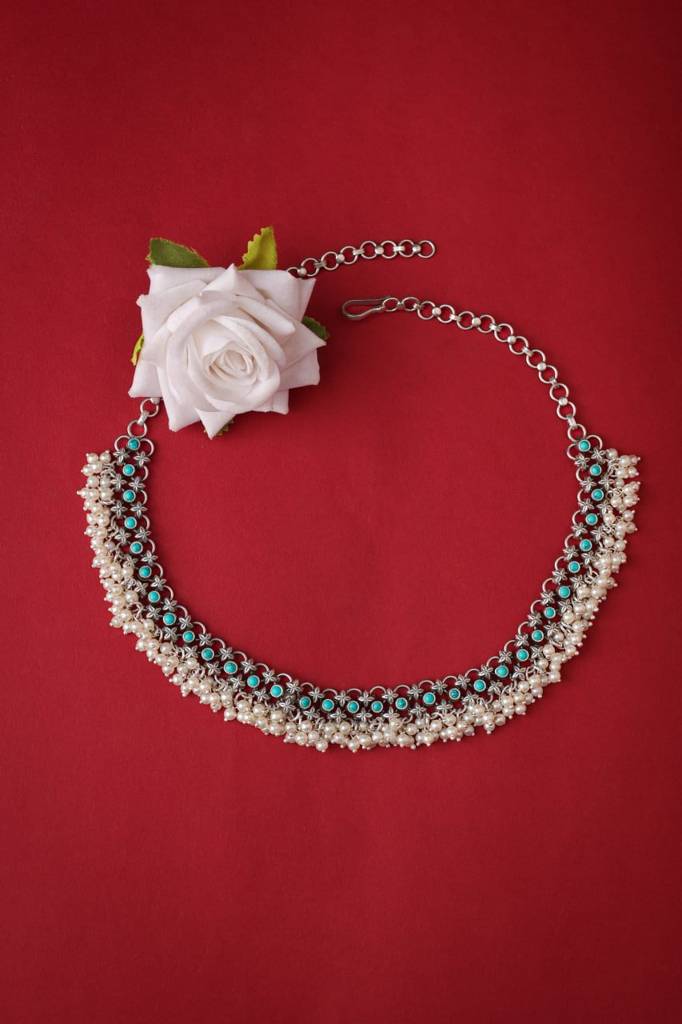 Tattva Turquoise Jadau Pearl Drop Classic Necklace : SN558488