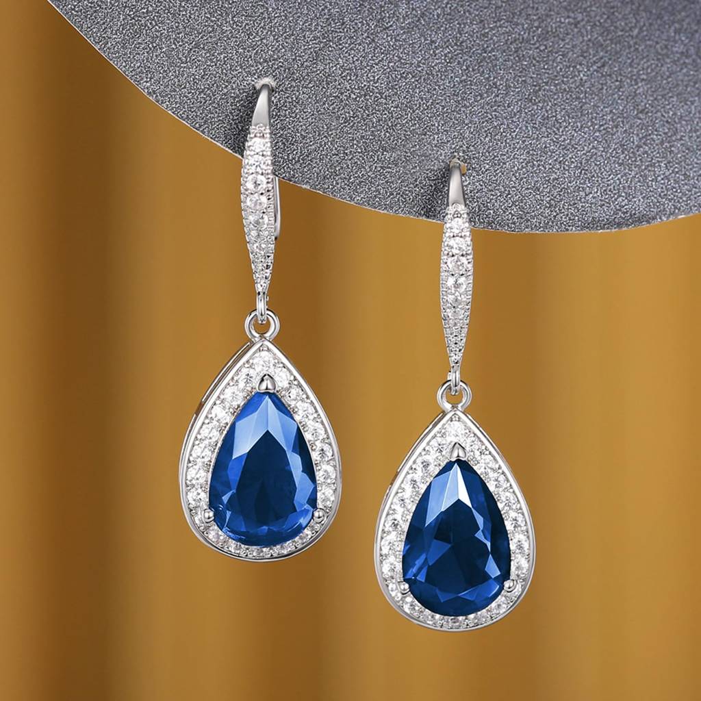 Silver Plated Blue Cubic Zirconia Studded Drop Earrings Fish Hook Back Fashion Jewellery For Women & Girls : PX8E173B