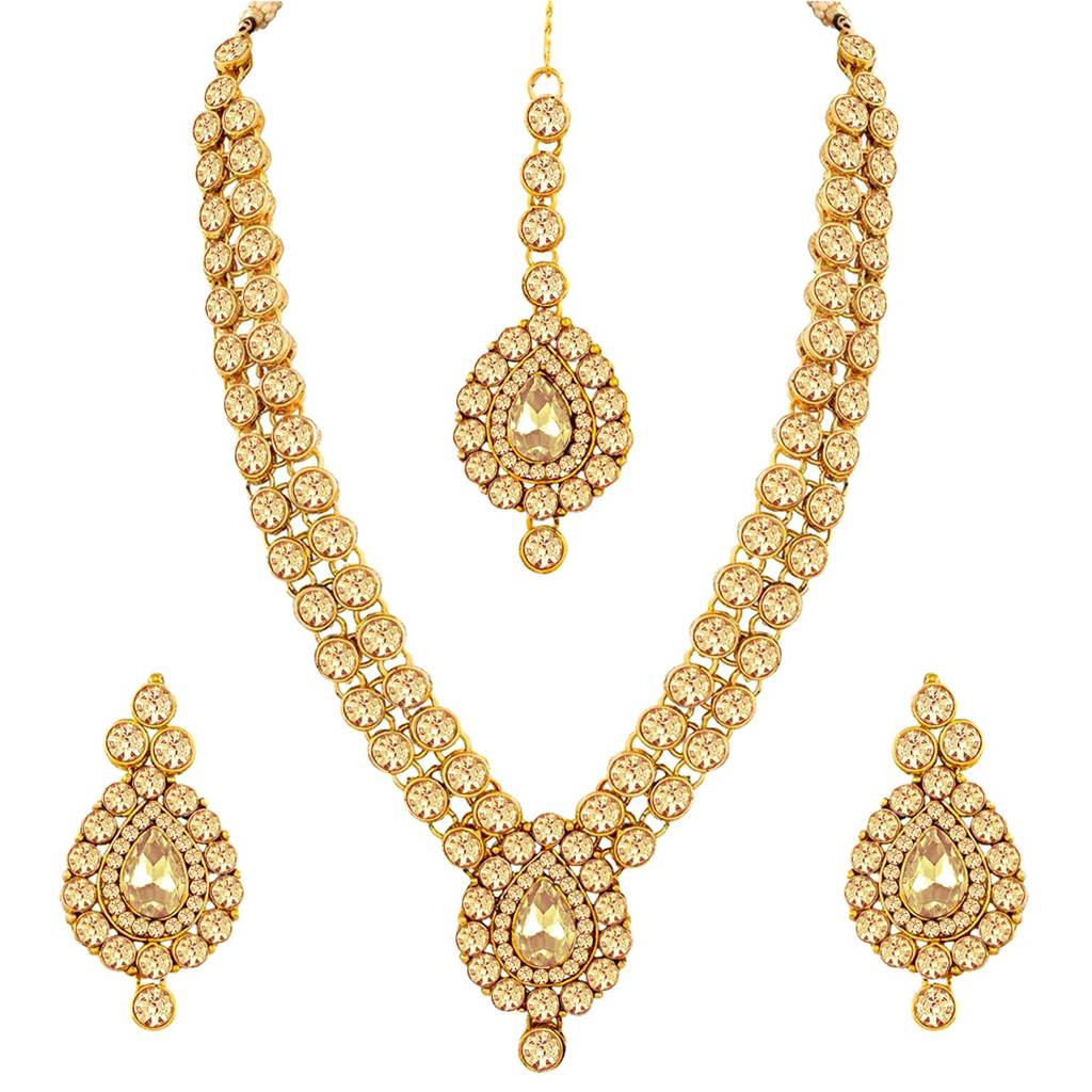 Gold Plated American Diamond Long Necklace Jewellery Set With Maang Tikka And Earrings For Women Girls (Gold) : PF37NIJ244LCT