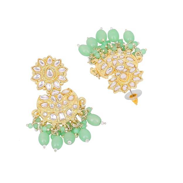 Estele Gold Plated Floral Designer Gehena Drop Earrings With Mint Beads For Women. : PJ-009-IGMGER