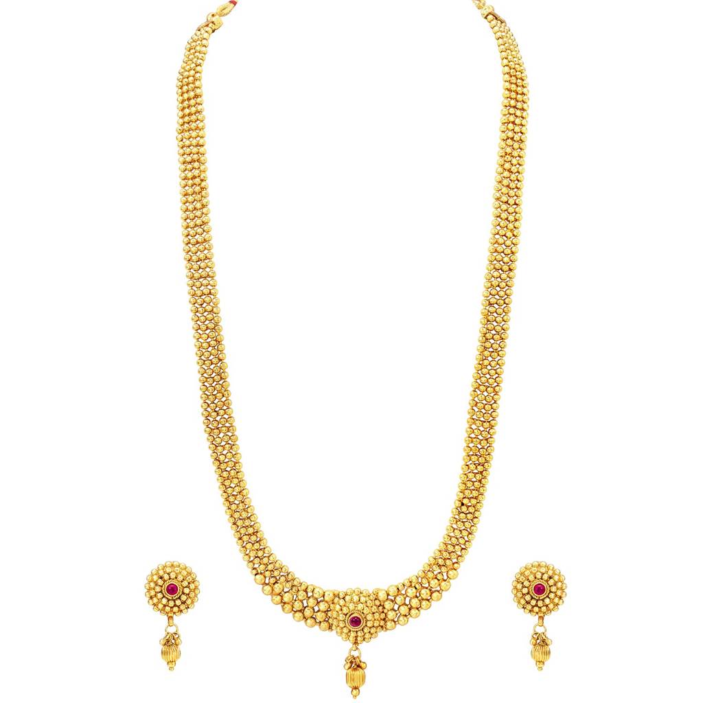 Traditional Long Gold Plated Maharashtrian & South Indian Style Necklace Earrings Jewellery Set For Women : PF04BRLS3398RP