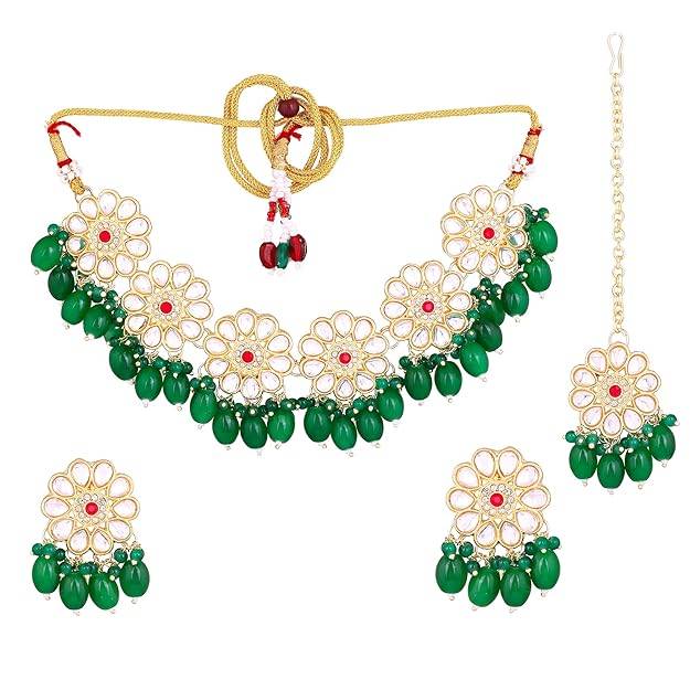 Estele Gold Plated Trendy Gehena Necklace Set & Maang Tikka With Green Beads For Women : PJ-034-IGGNNKERTK