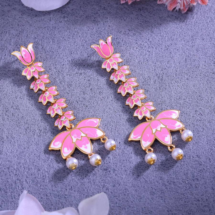 Estele Gold Plated Pink Enamel Lotus Designer Pearl Drop Dangler Earrings For Girl'S & Women : 799707-IGER