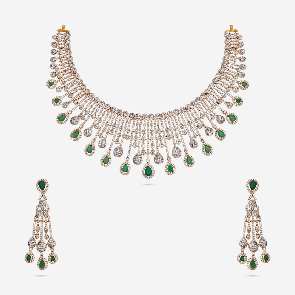 Green Gold-Plated Party Zircon Necklace Set-442591 : 442591