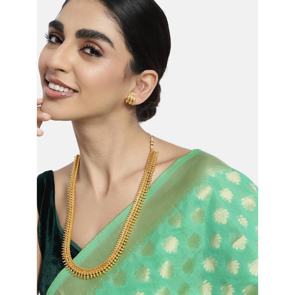 Traditional Gold Plated Long Maharani Haar Necklace With Earrings South Indian Style Jewellery Set For Women : PF04BRLS7184