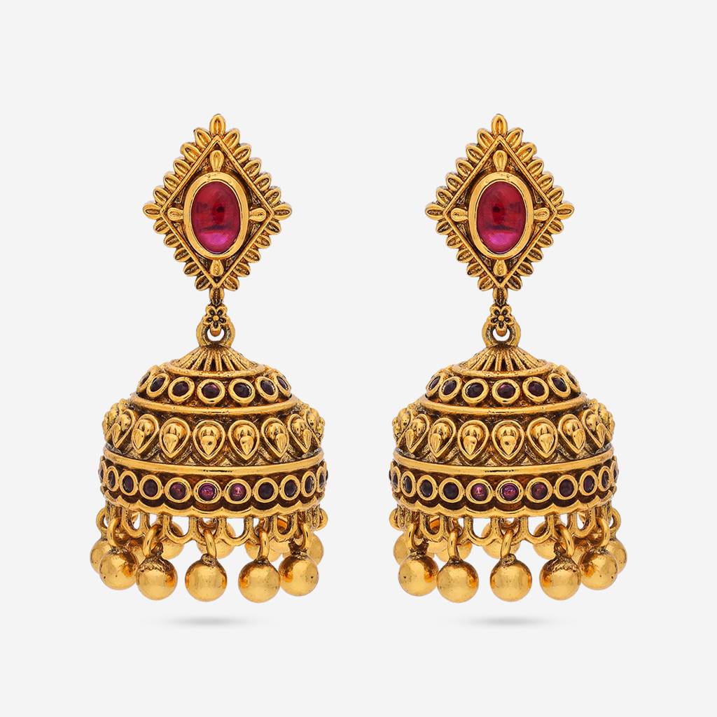 Ruby Gold-Plated Ethnic Antique Jhumkas-452377 : 452377