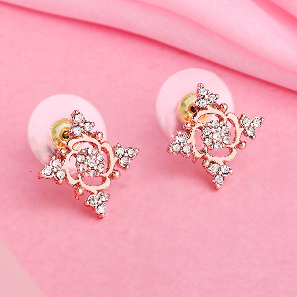 Estele Rosegold Plated Flower Designer Stud Earrings With Austrian Crystals For Women : 602709-RGER