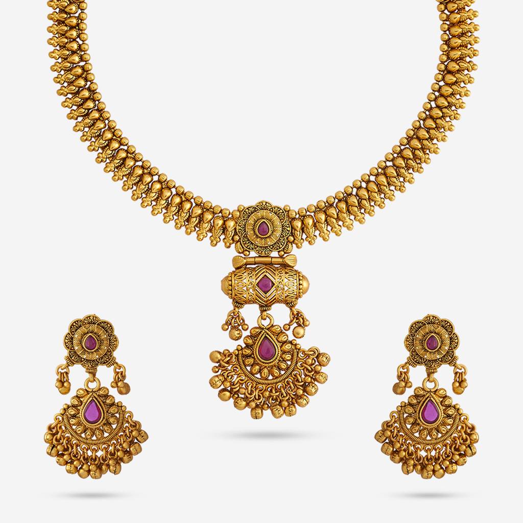 Kushal'S Fashion Jewellery Ruby Gold-Plated Ethnic Antique Necklace And Earring Set  -188141 : 447868