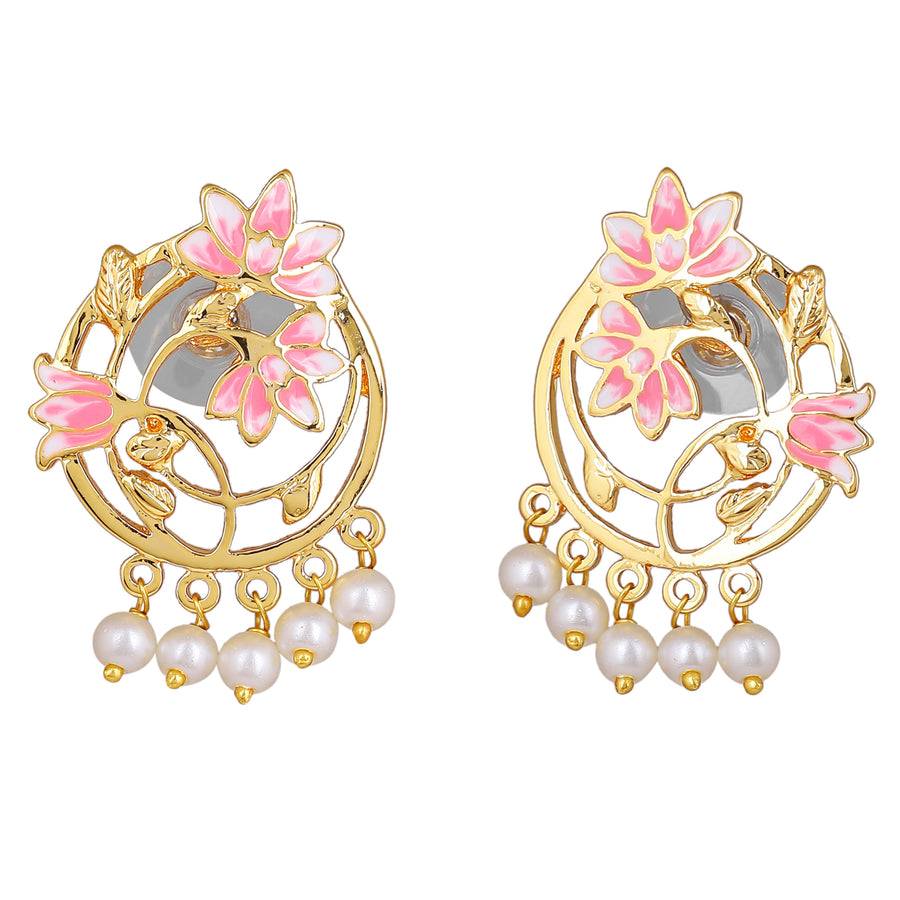 Estele Gold Plated Stylish Lotus Designer Pearl Choker Necklace Set With Pink Enamel For Girl'S & Women : 10190-IGNKER