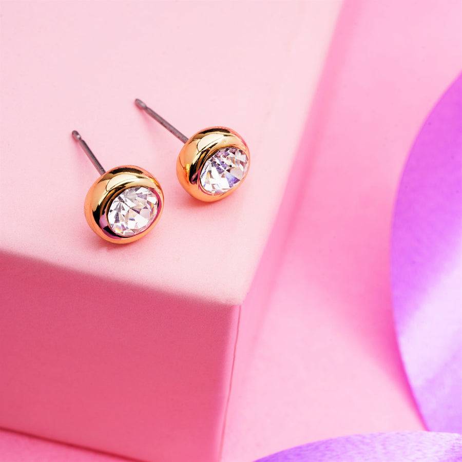 Estele Gold Plated Circular Small Stud Earrings With White Crystal For Girls & Women : 347703AER