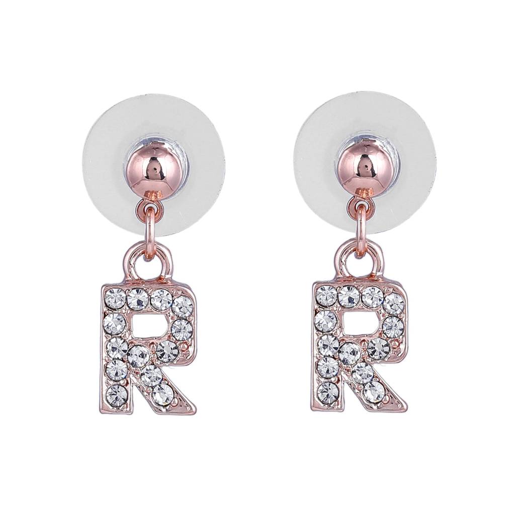Estele Rosegold Plated Magnificent Medium 'R' Letter Earrings With Crystals For Women : 801701-RG-RER