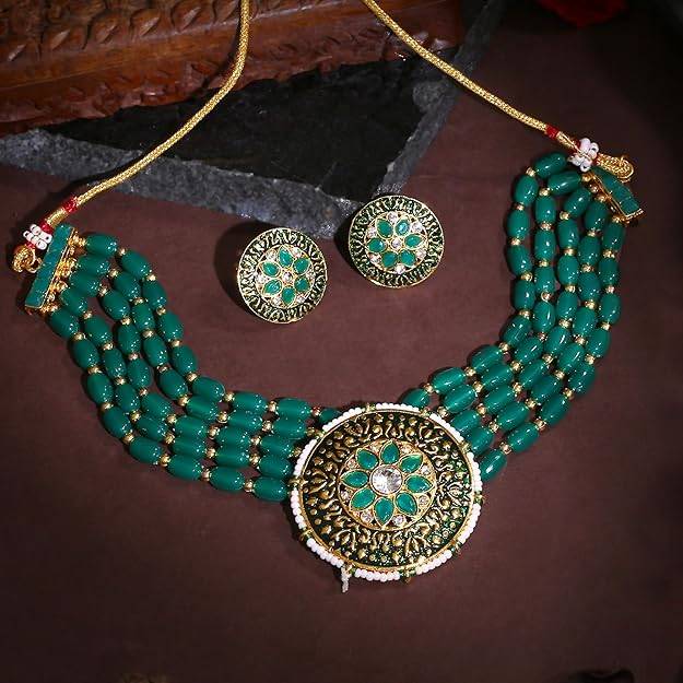 Estele Gold Plated Fascinating Designer Gehena Necklace Set With Green Beads For Women : PJ-022-IGGNNKER