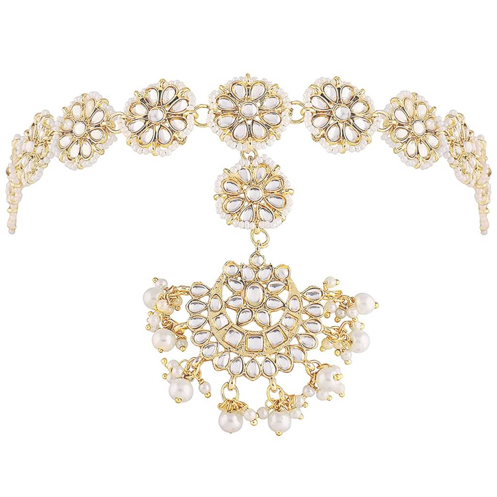 Gold Plated Traditional Floral Kundan Pearl Studded Rajasthani Style Maangtikka Sheeshpatti Sheeshphool Mathapatt : PF37T2066W