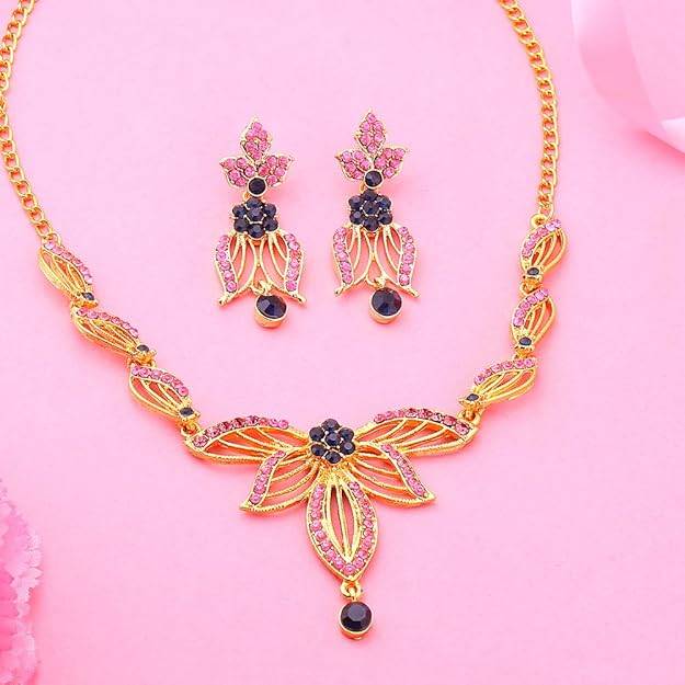 Classic Gold Plated Floral Necklace Set | Pink & Black Stone Jewelry : 50500047-IGNKER