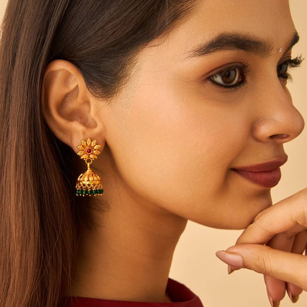 Kushal'S Fashion Jewellery Ruby-Green Gold-Plated Ethnic 92.5 Pure Silver Temple Jhumkas-174154 : 417977
