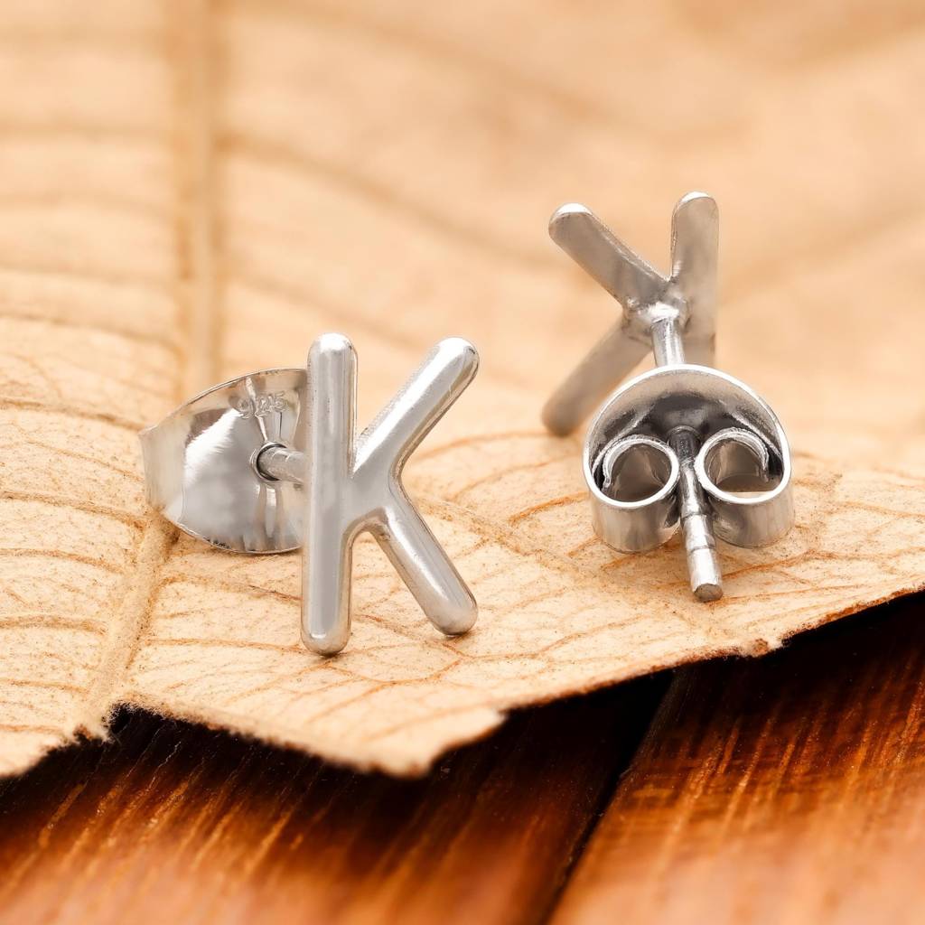 925 Silver K Initial Stud Earrings | Alphabet Letter Jewelry : SE_000854
