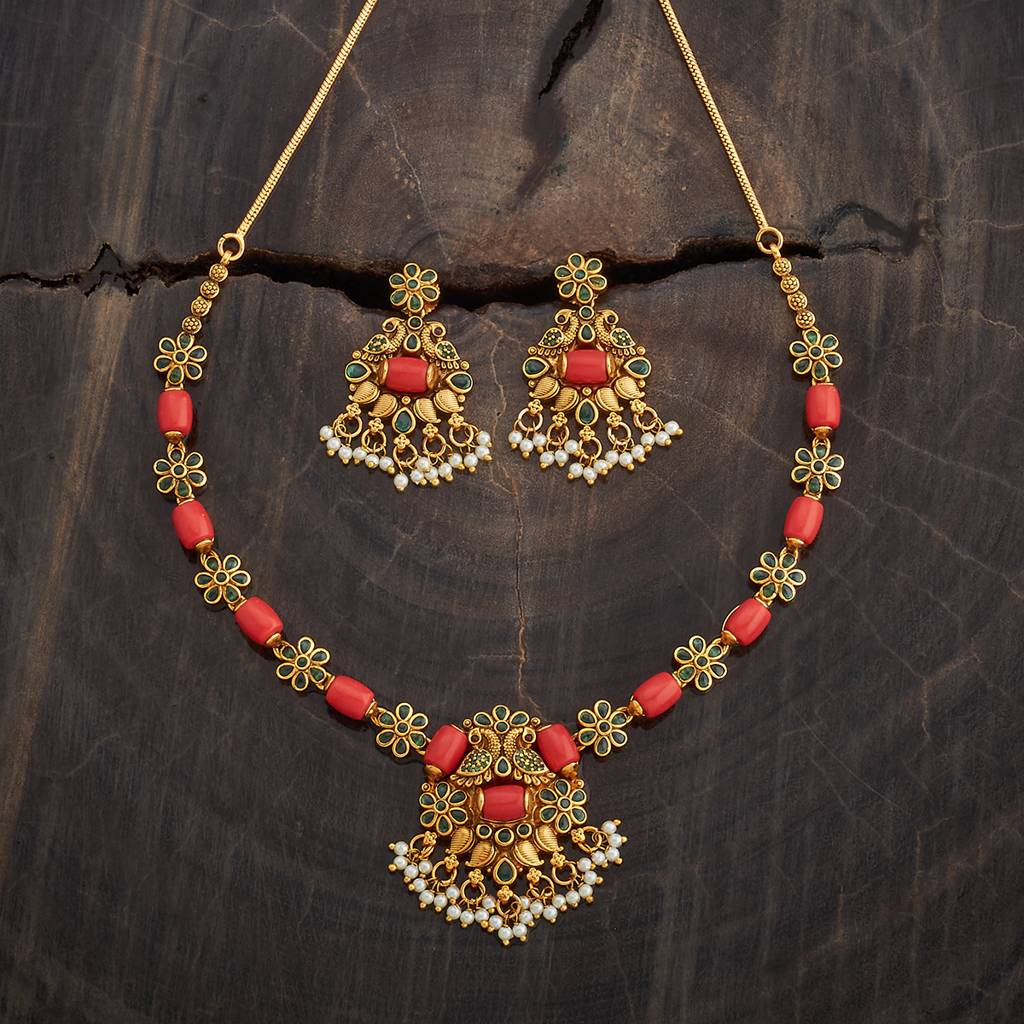 Kushal'S Fashion Jewellery Green Gold-Plated Ethnic Antique Jewellery Set -182735 : 436279