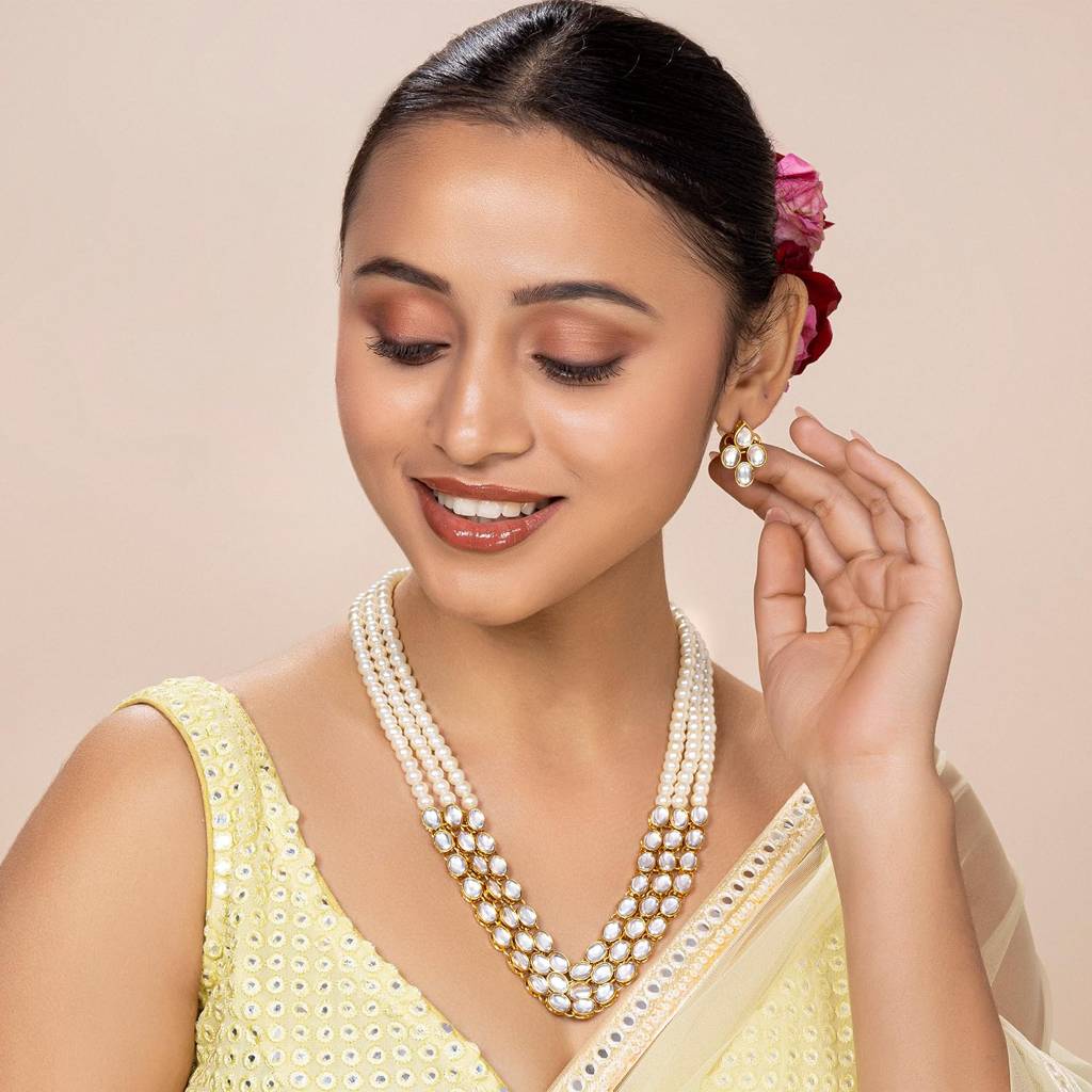 Gold Plated Traditional Kundan Long Necklace Jewellery Set With Earring Gift For Women Girls-Pf26N1171 : PF26N1171W