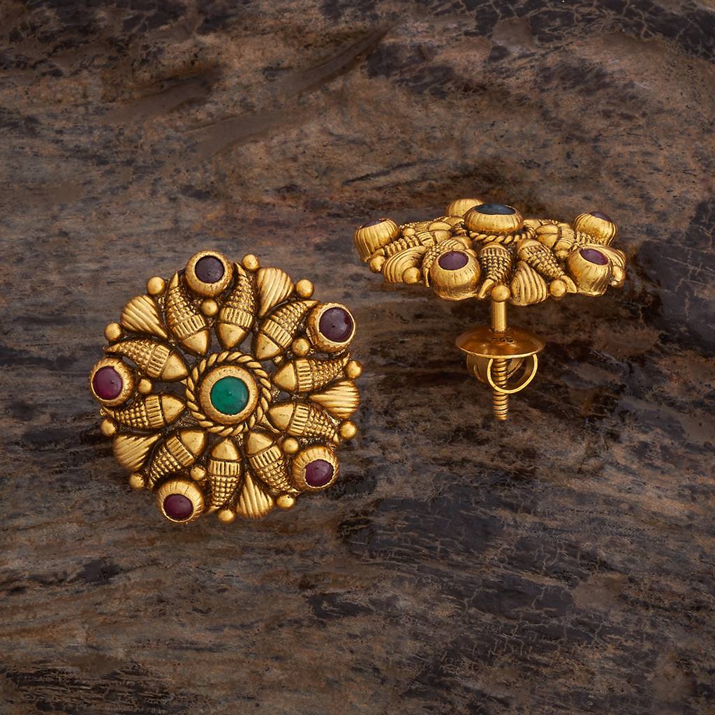 Kushal'S Fashion Jewellery Ruby-Green Oxidised Gold-Plated Ethnic 92.5 Pure Silver Temple Studs-177419 : 425359