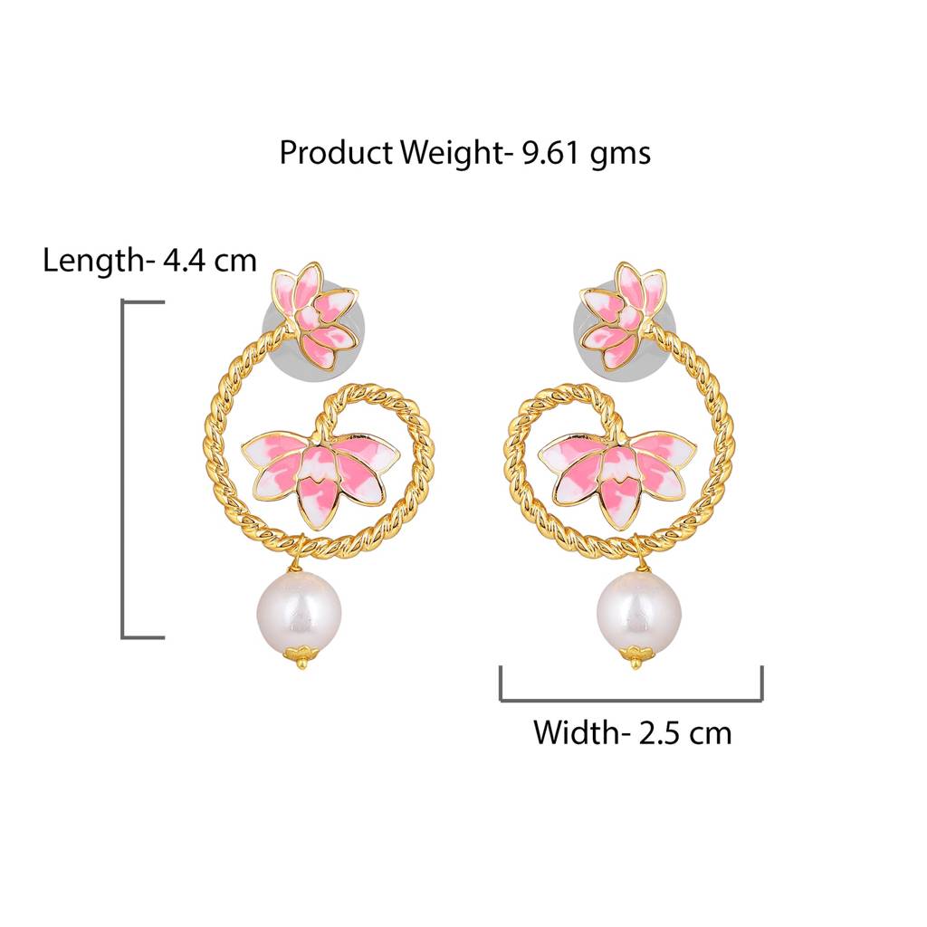 Estele Gold Plated Pink Enamel Lotus Designer Pearl Drop Earrings For Girl'S & Women : 799705-IGER