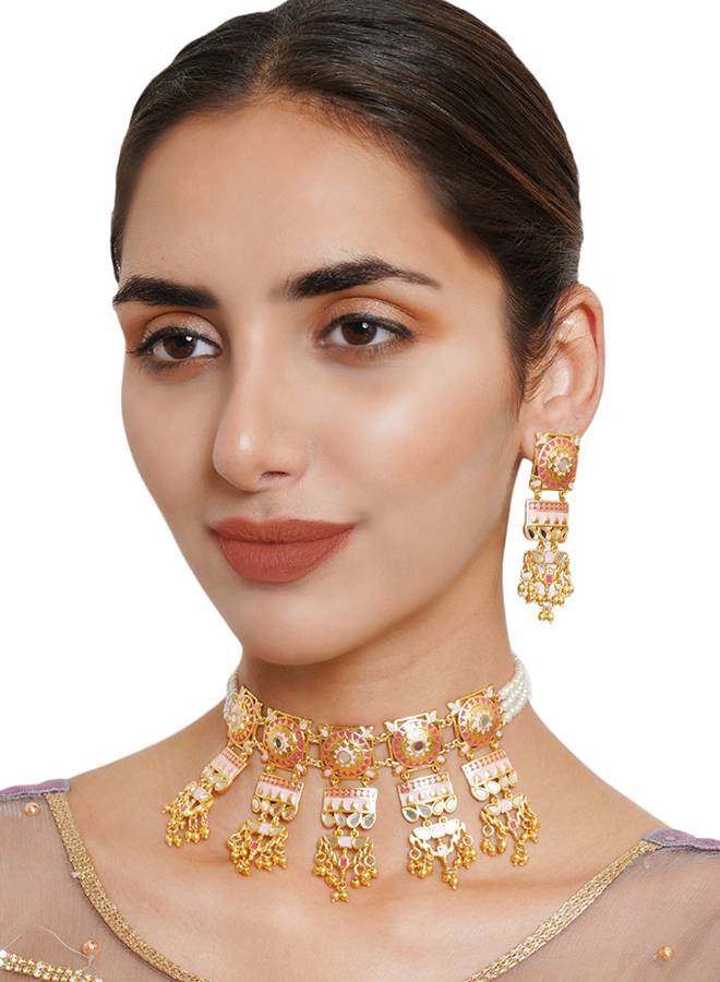 Festive Hues Mandala Faux Pearls Embellished Brass Gold Plated Jewellery Set : 8905124466218