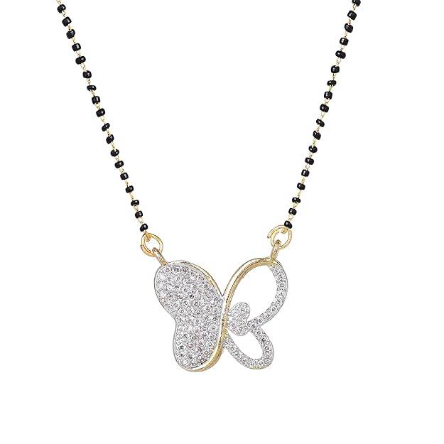 Gold & Rhodium Plated Chic & Dazzling Butterfly Pendant Mangalsutra Chain With Black Beads & White Crysta : OSAKMS012-2TNWENK
