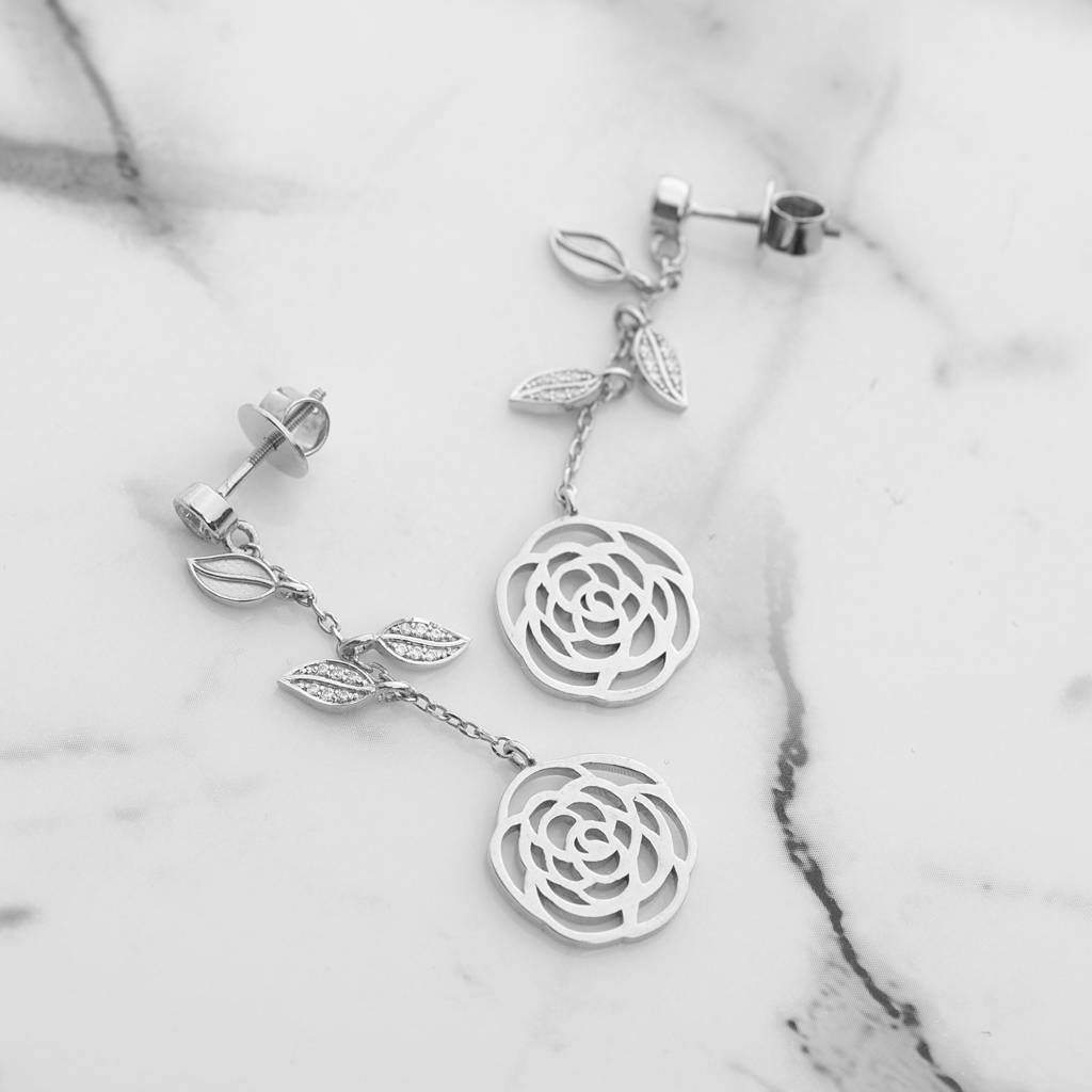 925 Silver Rose Flower Dangle Earrings | Cz Leaf Drop Gift : SE_000756