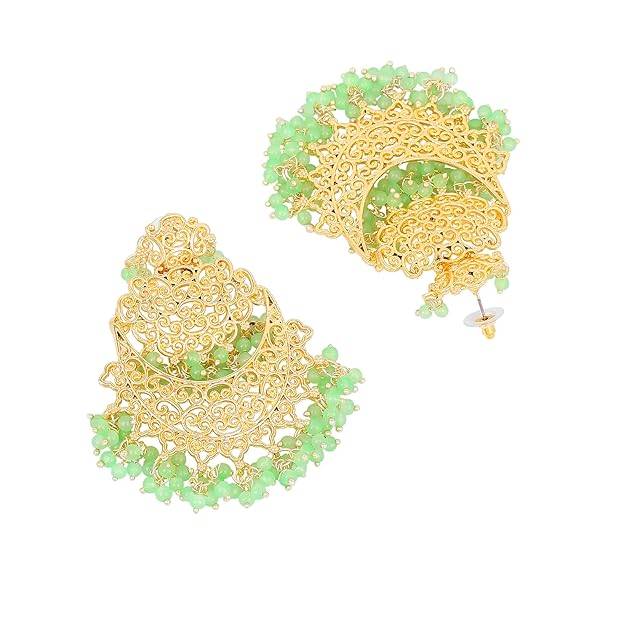 Estele Gold Plated Trellis Gehena Chandbali Earrings With Mint Green Beads For Women : PJ-007-IGMGER