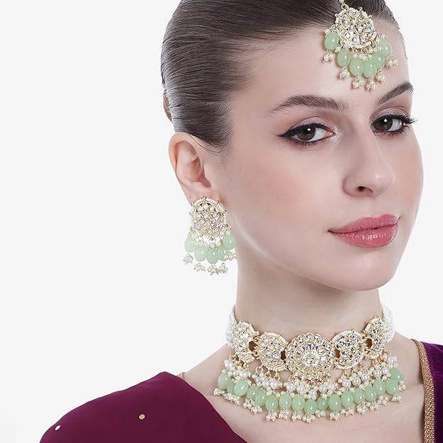 Estele Gold Plated Splendid Gehena Necklace Set & Maang Tikka With Mint Green Beads For Women : PJ-041-IGMGNKERTK