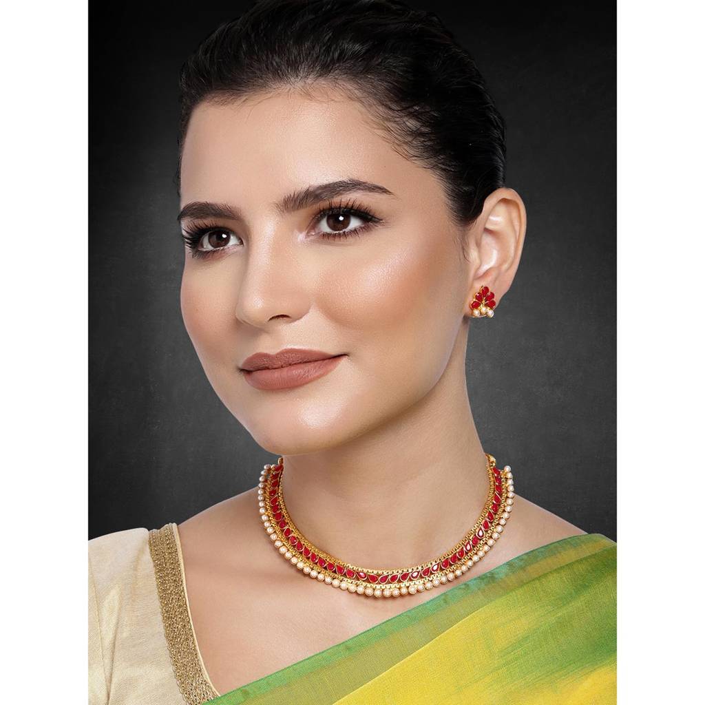 Traditional Gold Plated Studded Choker Necklace Jewellery Set For Women-Pf04N3390 : PF04N3390R