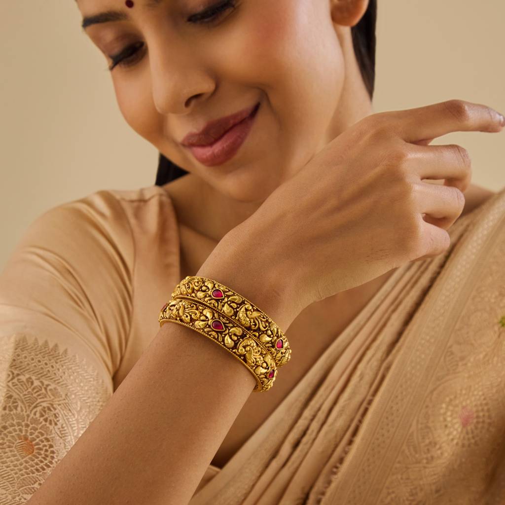 Kushal'S Fashion Jewellery Ruby Oxidised Gold-Plated Ethnic 92.5 Pure Silver Temple Bangles-175744 : 421256