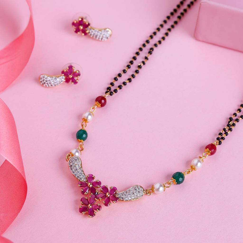 Estele Gold Plated Cz Classic Floret Designer Mangalsutra Necklace Set For Women : AD-MS-034NKER