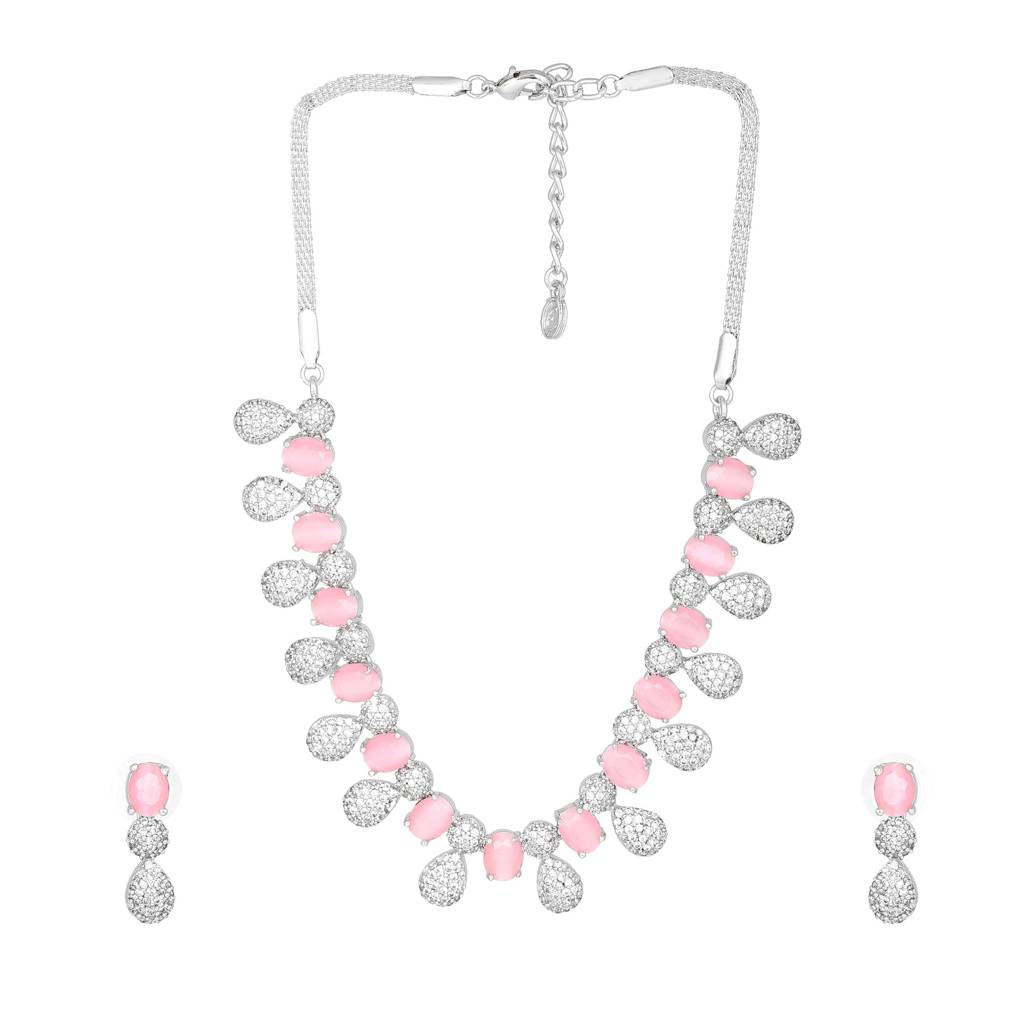 Estele Rhodium Plated Cz Oval Designer Necklace Set With Mint Pink Crystals For Women : AD-704-IR-MPNKER