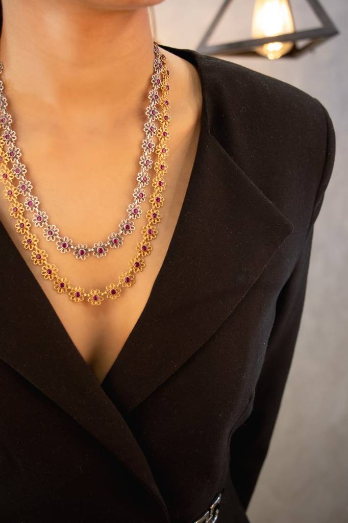 Tattva Layered Dual Tone Flower Sequence Necklace : SN203055