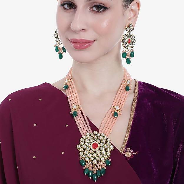 Estele Gold Plated Elegant Gehena Long Necklace Set With Peach & Green Beads For Women : PJ-029-IGPHGNNKER