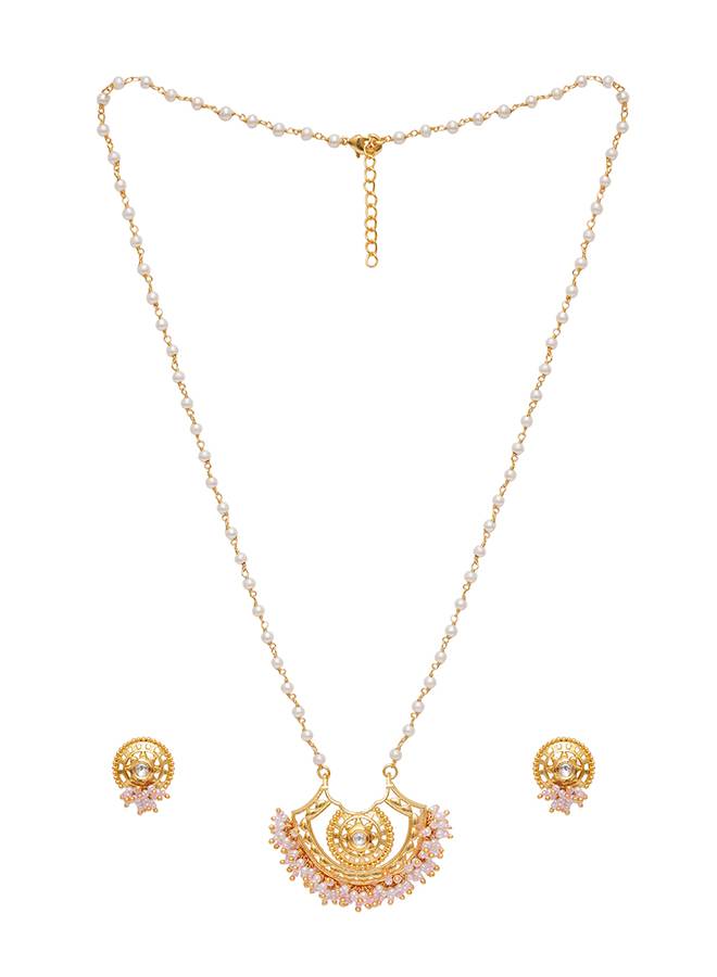 Festive Hues Long Gold Plated Jewellery Set In Pastel Pearl Chain : 8905124466508