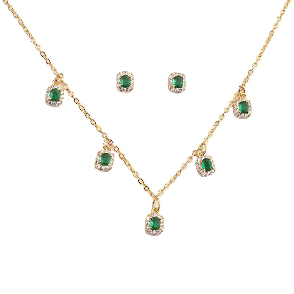 Emerald Tassel Necklace And Earrings Set : EN24149-G-GRN