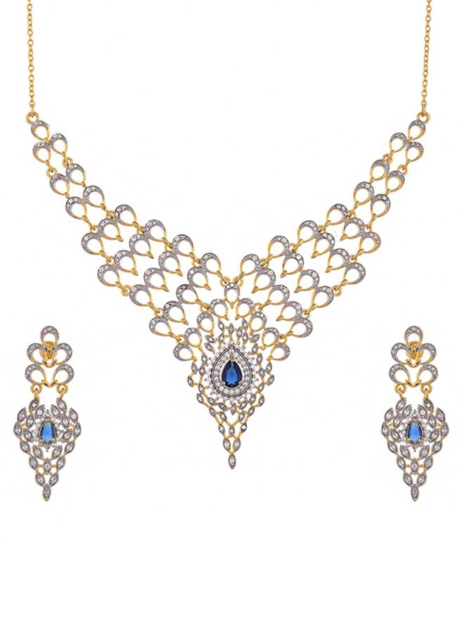 Peacock Royal Blue And White Cz Cutwork Design Waterfall Jewellery Set : 8905124514742