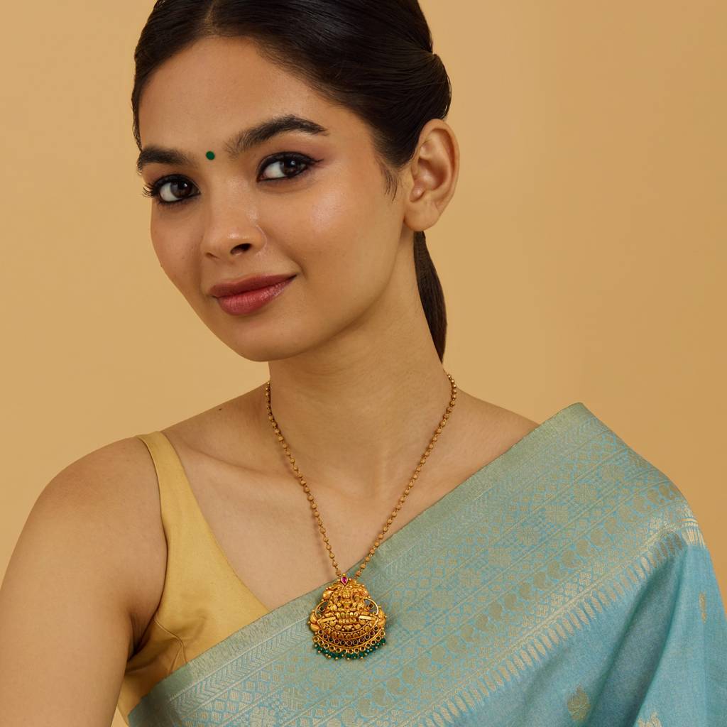 Kushal'S Fashion Jewellery Ruby-Green Gold-Plated Ethnic 92.5 Pure Silver Temple Pendant - 425886 : 425886