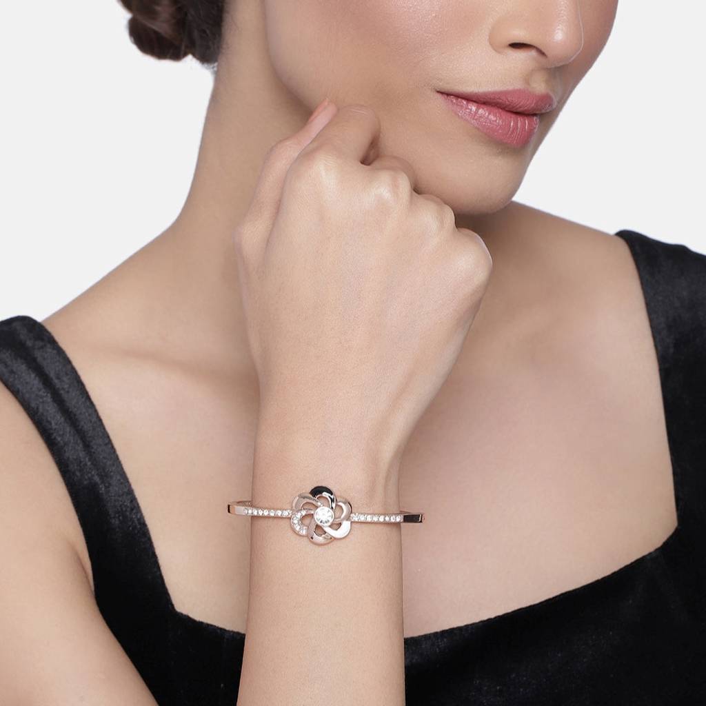 Estele Rosegold Plated Flower Designer Cuff Bracelet With Black, White Enamel & Crystals For Women : 101871BR