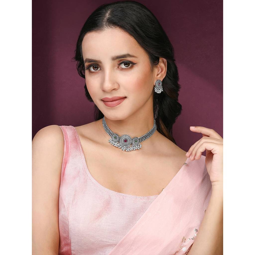 Silver Plated Rani Pink Green Synthetic Stone Studded Necklace Dangle Earrings Oxidized Jewellery Set For Wom : PF04NK11178RPG