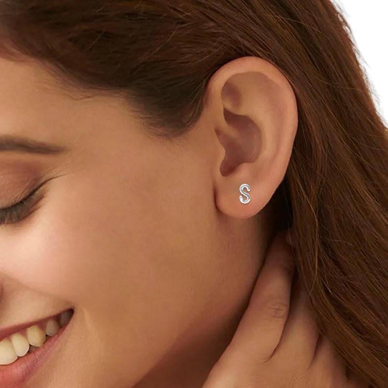 925 Silver S Initial Stud Earrings | Alphabet Letter Jewelry Gift : SE_000862