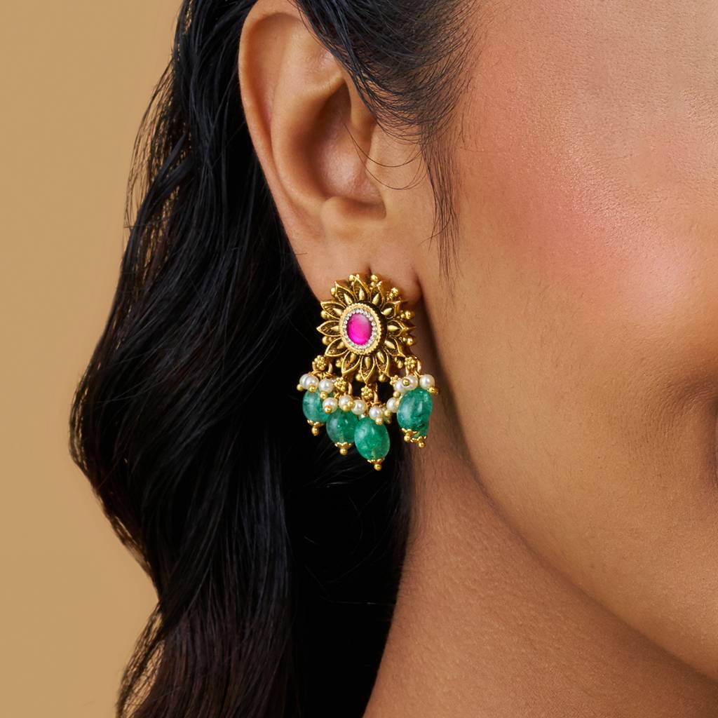 Kushal'S Fashion Jewellery Ruby-Green Gold-Plated Ethnic Antique Earring Studs-176921 : 424211