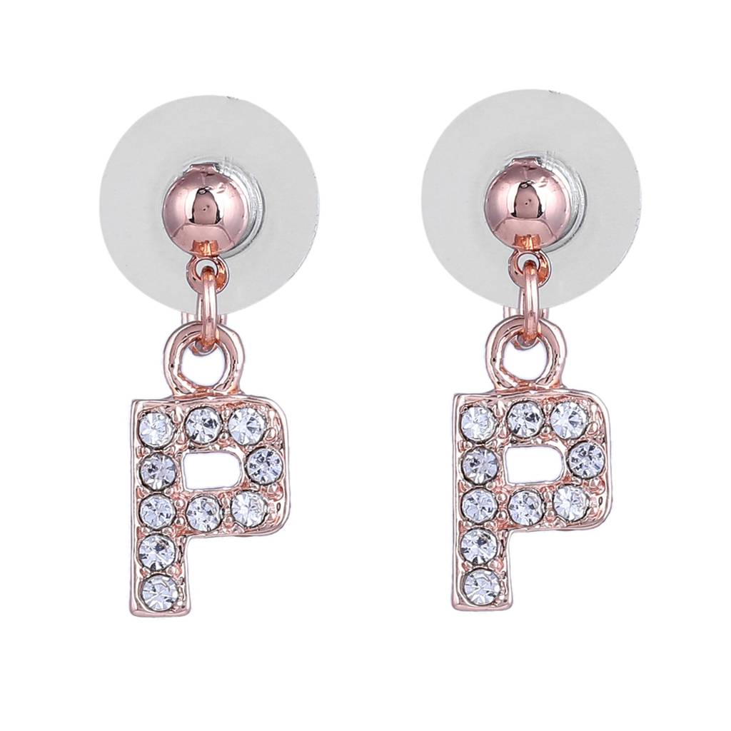 Estele Rosegold Plated Magnificent Medium 'P' Letter Earrings With Crystals For Women : 801701-RG-PER