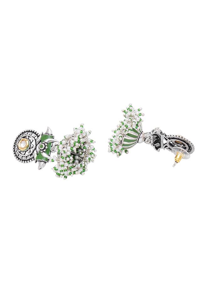 Festive Hues Green Enamel Faux Pearls Adorned Brass Silver Plated Jewellery Set : 8905124466478